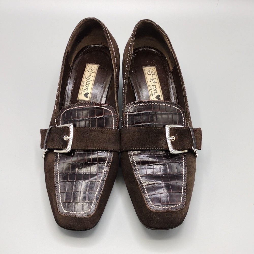 Brighton Women 9.5 Glenda Loafer Pump Brown Suede Croc Embossed Buckle Italy